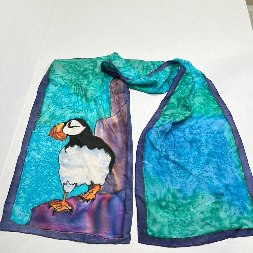 Hand Painted Silk Scarf With Puffins. Euc.